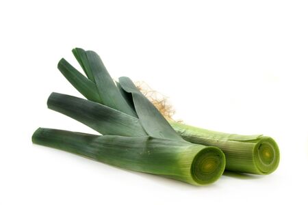 a chopped leek on a white backgroundの写真素材