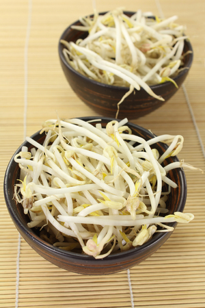 two bowls of mung bean sprouts on a bast matの写真素材