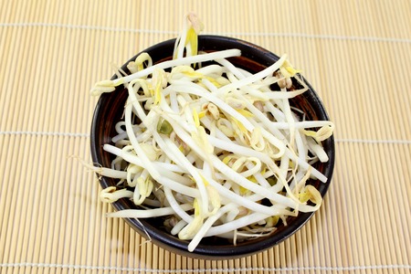 a bowl of mung bean sprouts on a bast matの写真素材