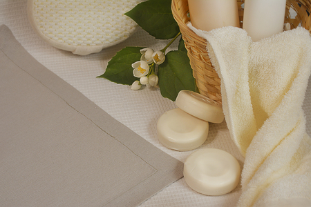 Bath-day ingredients for spa treatments soap with honey and jasmineの写真素材