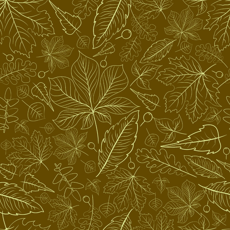 Seamless pattern from curly yellow leaves on a brown background.のイラスト素材