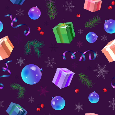 Christmas pattern with Christmas balls, colored boxes, serpentine and fir branches on a dark purple background. As material for gift wrapping or background.のイラスト素材