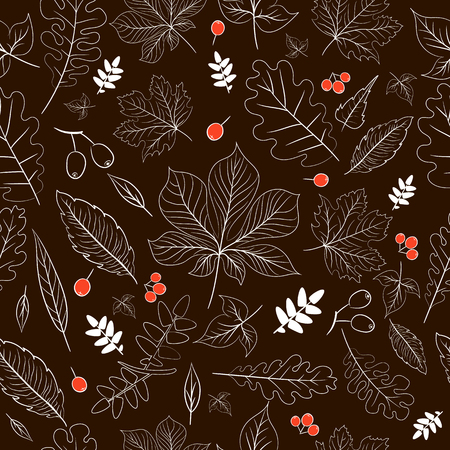 Seamless pattern, white silhouettes of leaves and berries on a brown background.のイラスト素材