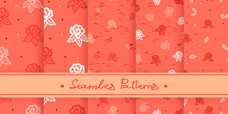 Five seamless patterns with vintage roses. Background with blooming flower silhouette.のイラスト素材