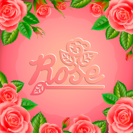 Frame of flowers of roses on a pink background with a beautiful inscription. Square banner.のイラスト素材