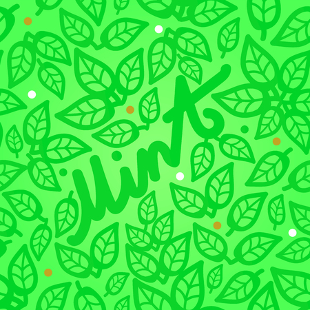 Fresh mint leaves seamless pattern on a green background with a beautiful inscription. Web design.のイラスト素材
