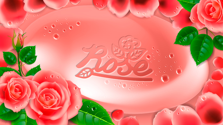 Pink soap in a frame of flowers and rose petals.のイラスト素材