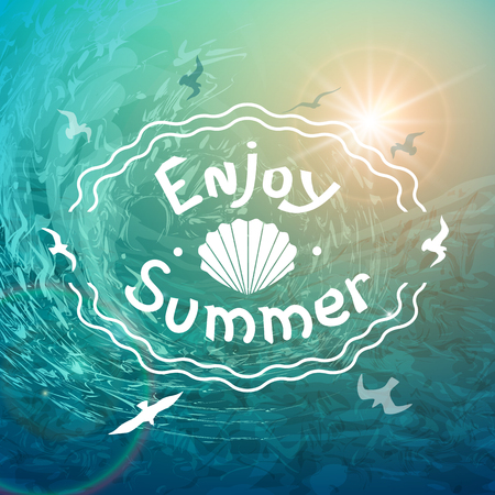 Summer sea background. Beautiful white inscription on the background of raging waves and seagulls.のイラスト素材
