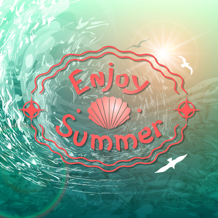 Summer sea background. Beautiful inscription coral color on the background of raging waves and seagulls.のイラスト素材