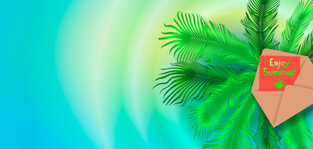 Summer background with palm trees and an envelope. Fashionable coral color. Empty space. Banner for tour operator.のイラスト素材