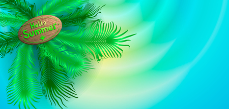 Summer background with palm trees and a wooden scoreboard with the inscription. Waves in the ocean. Empty place.のイラスト素材
