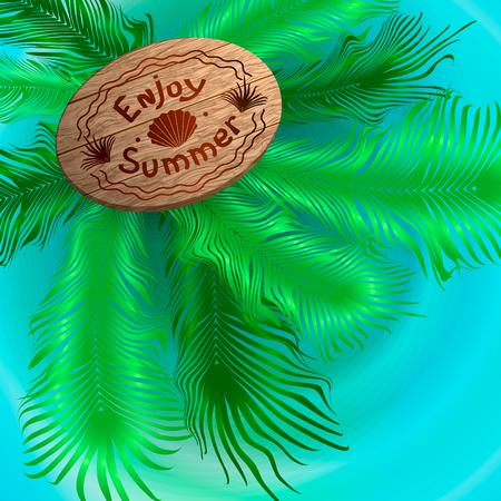 Summer background with palm trees and a wooden scoreboard with the inscription. Waves in the ocean. Banner for the tour operator.のイラスト素材