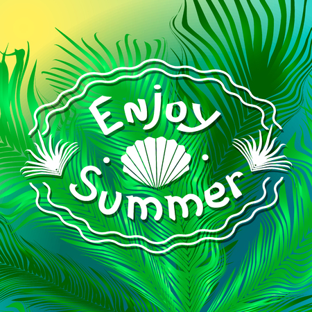 Summer background with palm trees. Beautiful white inscription with seashell.のイラスト素材