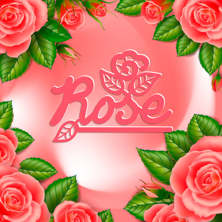 Beautiful frame of flowers of roses on a pink background with a beautiful inscription. Square banner.のイラスト素材