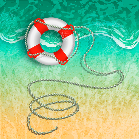 Marine lifebuoy with a rope on the beach near the surf. Illustration.のイラスト素材