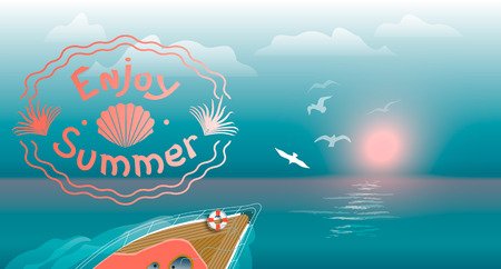The yacht sails on the waves at sunset. Summer landscape with the inscription. Live coral. Banner or postcard for the tour operator.のイラスト素材