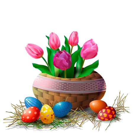 Wicker basket with tulips and Easter eggs on a white background. Element for greeting card or banner for Easter. isolateのイラスト素材
