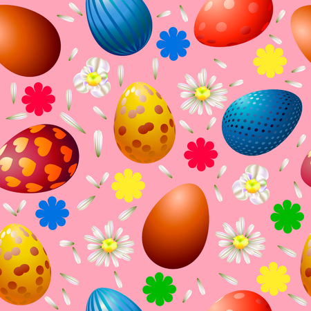 Seamless pattern with Easter eggs and chamomiles on a pink background. Beautiful packing material for Easter.のイラスト素材