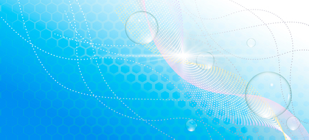 Color abstract template for a card or banner. Blue background with mesh shape and balls. Honeycomb texture.のイラスト素材
