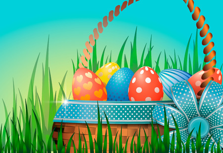 Postcard with Easter eggs in a wicker basket in green grass. Blue bow with decorative ribbon. Beautiful greeting card or banner for Easter.のイラスト素材