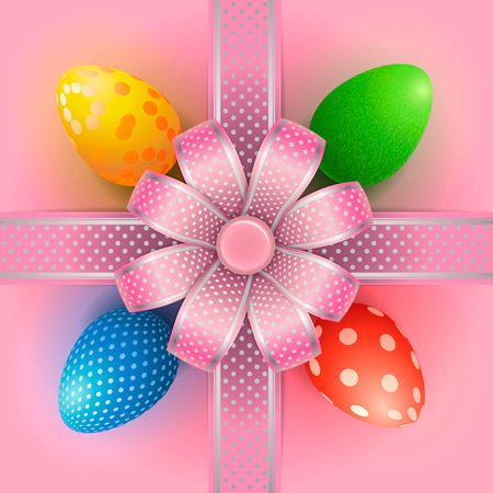Composition with Easter eggs and a bow with a decorative ribbon cross hair on a pink background. Beautiful greeting card or banner for Easter.のイラスト素材