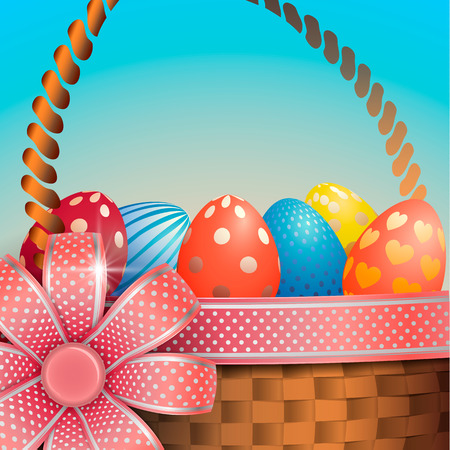 Composition with Easter eggs in a wicker basket against the sky. Red bow with decorative ribbon. Beautiful greeting card or banner for Easter.のイラスト素材