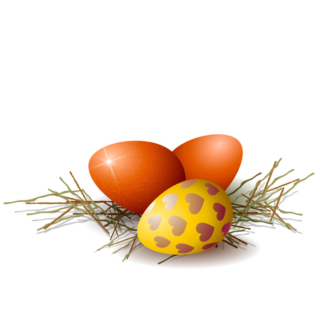 Three beautiful Easter eggs in the hay on a white background. Element for a card or banner for Easter. Isolateのイラスト素材