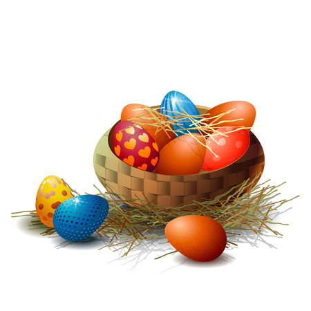 Easter eggs in a wicker basket on a white background. Element for greeting card or banner for Easter. isolateのイラスト素材