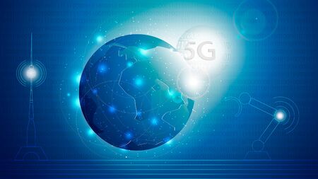 Telecommunication technology concept. Futuristic illustration of the Earth surrounded by...