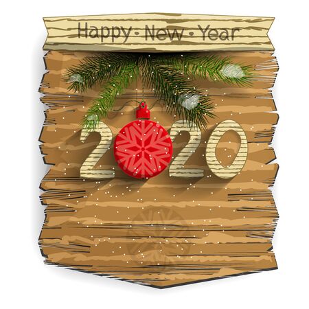 New Year's or Christmas banner with Christmas-tree red ball and numbers on a wooden panel. Isolated element.のイラスト素材