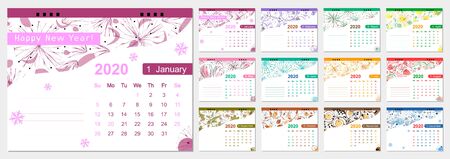Colorful calendar for 2020. Desk calendar for office, on a white background with an ornament.のイラスト素材