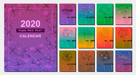 Colorful calendar for 2020, juicy gradient with a pattern in the background. Office wall or desktop calendar.のイラスト素材