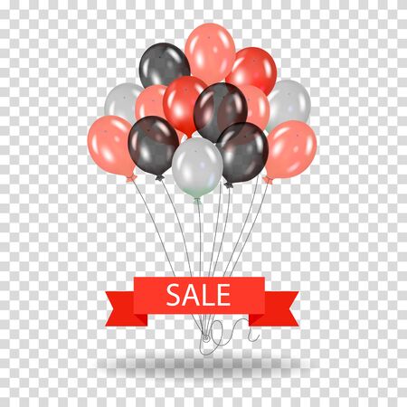 A bunch of vector balloons on white background with ribbon banner for sale. Black, white, red. On a transparent background.のイラスト素材