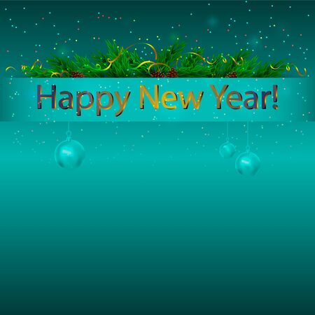 Golden inscription happy new year with new year tree and balls, on blue background. New Year or Christmas banner, poster, postcard. Free place.のイラスト素材