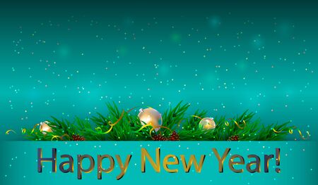 Golden inscription happy new year with new year tree and balls, on blue background. New Year or Christmas banner, poster, beautiful card.のイラスト素材