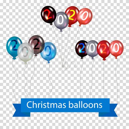 Set of bundles of vector balloons on white background with ribbon banner. Black, white, blue. On a transparent background.Illustration.のイラスト素材