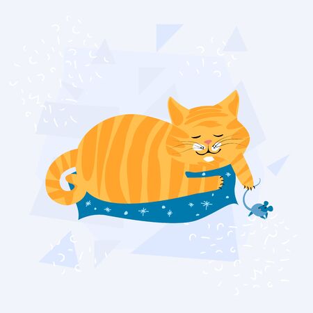 Pets. Red fat sly cat plays with a gray mouse. Scandinavian style. Childrens design.Illustration, poster.のイラスト素材