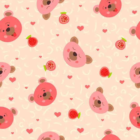 Pink faces cute bears with jam. Wild forest animals. Children's design. Seamless pattern.illustration.のイラスト素材