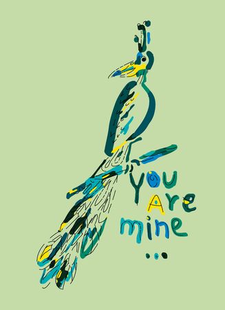 Colored funny peacock with the inscription You are mine sitting on a branch. Hand drawn illustration.のイラスト素材