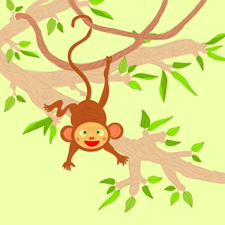 Cheerful monkey hanging on a tree branch. Children's design. Hand-drawn  illustration. のイラスト素材