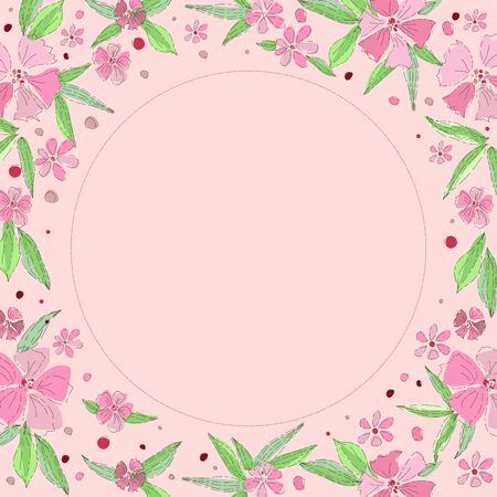 Floral frame, place for your text. Beautiful pink flowers on a pink background. Wedding style, birthday. Hand-drawn style  illustration.の写真素材