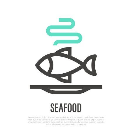 Seafood thin line icon: fish on plate. Modern vector illustration for logo. のイラスト素材