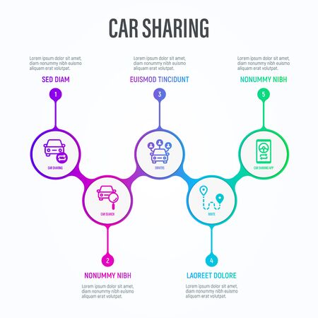Car sharing infographics in circles with thin line icons and place for text near. Data visualization. Symbols of search of car, route, drivers, sync. Vector illustration.のイラスト素材