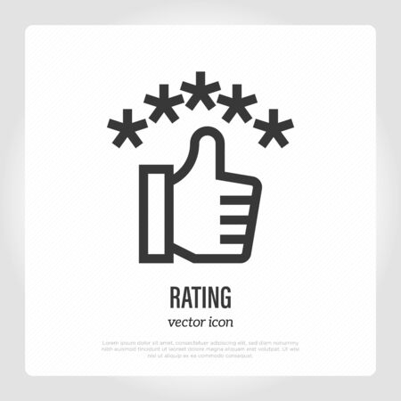 Rating thin line icon. Thumbs up and five stars above. Customer review sign. Vector illustration.のイラスト素材