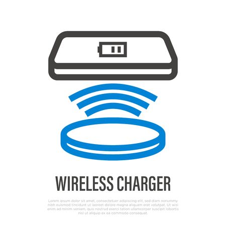 Smartphone is charging by wireless charger thin line icon. Modern vector illustration.のイラスト素材