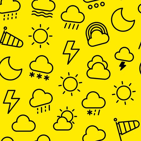 Weather seamless pattern. Flat icons: rain, overcast, partly cloudy, fog, snow, thunderstorm, hail,...
