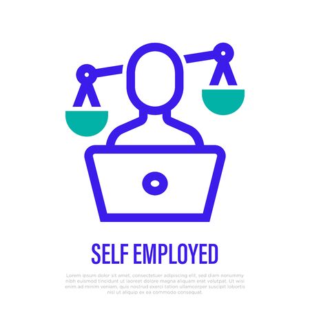 Self employed thin line icon. Freelancer or developer: man with laptop and scales. Small business. Vector illustration.のイラスト素材