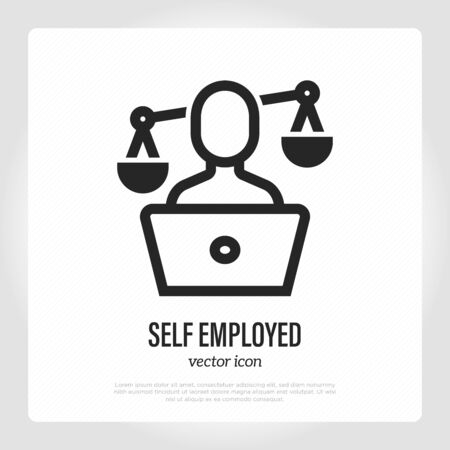 Self employed thin line icon. Freelancer or developer: man with laptop and scales. Small business. Vector illustration.のイラスト素材