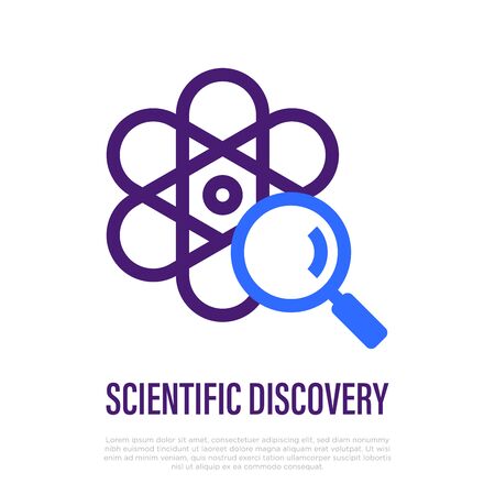 Scientific discovery thin line icon. Model of atom with magnifier. Vector illustration for laboratory research.のイラスト素材