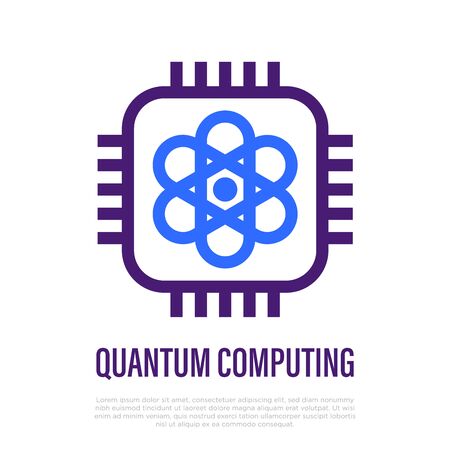 Quantum computing thin line icon. Model of atom in microchip. Deep learning, artificial intelligence. High tech. Vector illustration.のイラスト素材